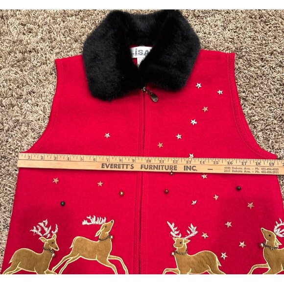 Vtg Lisa International 100% Wool Reindeer Sweater Vest Faux Fur Collar Medium - Picture 7 of 12